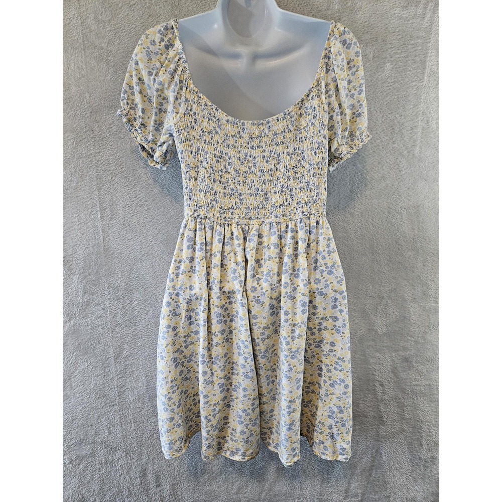 Hollister Dress Womens Large Light Blue Yellow Ditsy Floral Milkmaid Lined Mini - Picture 7 of 15